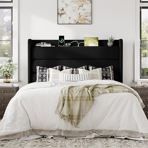 Image of Allewie Queen Size Upholstered Bed Frame with Charging Station, Black