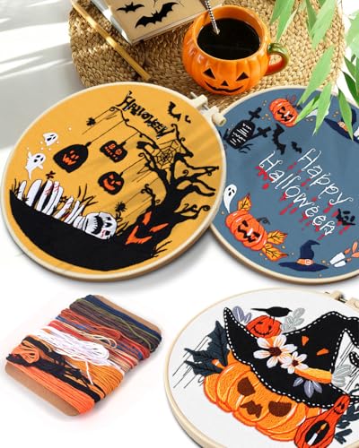 Image of TINDTOP Halloween Embroidery Kit for Adult, 5 Pack Embroidery DIY Starter Kit, with Stamped Patterns, Hoop, Tools, Colorful Threads with Needles, Instructions | 5 Pack with Stamped Patterns, Hoop, Tools, Colorful Threads with Needles, Instructions