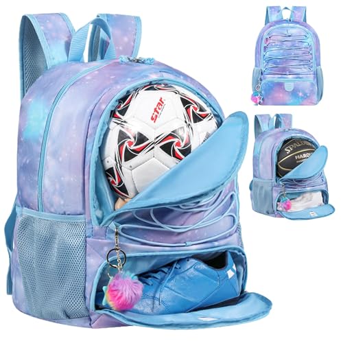 Soccer Ball Bag Backpack for Women with Ball & Shoes Compartment 32L Capacity Lightweight Breathable Girls Basketball Bag Backpack Fit Volleyball Football Sports Travel School Gym Starry Purple