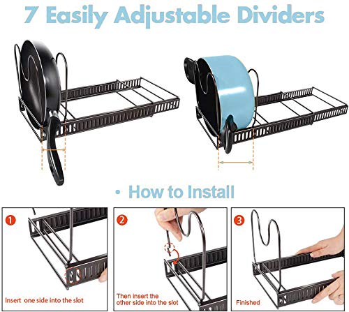Adjustable Pan Organizer Kitchen Pot Rack for Cabinet and Drawer with 7 Dividers Pantry Pan and Pot Lid Organizer Rack Holder for different sizes of Plates Cutting Boards Pans Pots - Thumbnail 5
