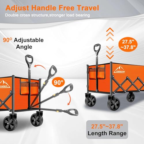 Image of Collapsible Folding Wagon Cart, 350LBS Utility Large Capacity Cart Foldable Wagon with All Terrain Wheels, Grocery Wagons Carts for Garden Shopping Sports Camping, Bright Orange