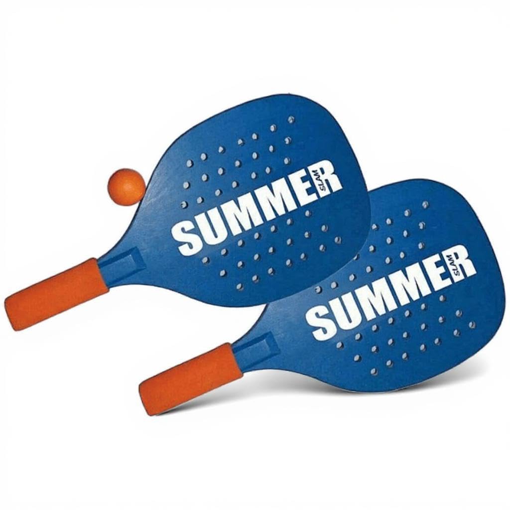 Coppia Racchette da Spiaggia Summer Padel Beach Tennis con Pallina Morbida Set Racchettoni in Legno Mare, Spiaggia e Giardino, Beach Rackets