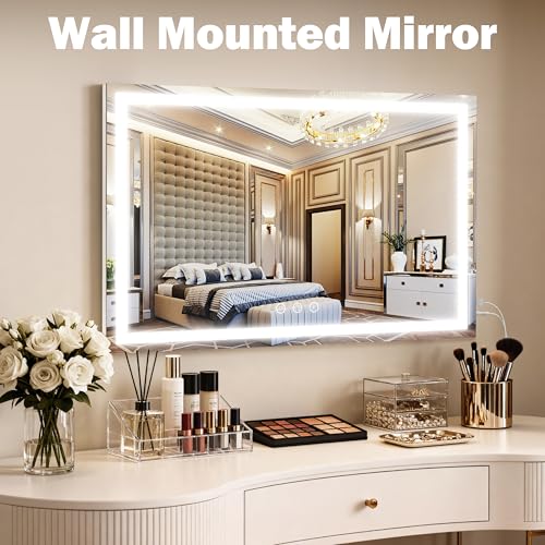 Image of ROLOVE 39 inch x 28 inch Extra Large Vanity Mirror with Lights, Lighted Makeup Mirror with USB Charging Port & 10X Magnifier, 3 Color Dimmable Smart Touch, Wall Mounted or Tabletop Desk Mirror, White