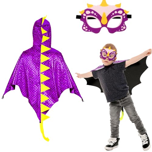 DKINY Capa de Dinosaurio Morada para Niños 70cm Disfraz de Carnaval con Máscara Trajes de Capa de dragón Ropa de ptemoradaurio niñas Infantil muñequera Vestido Cosplay Halloween Juegos de rol