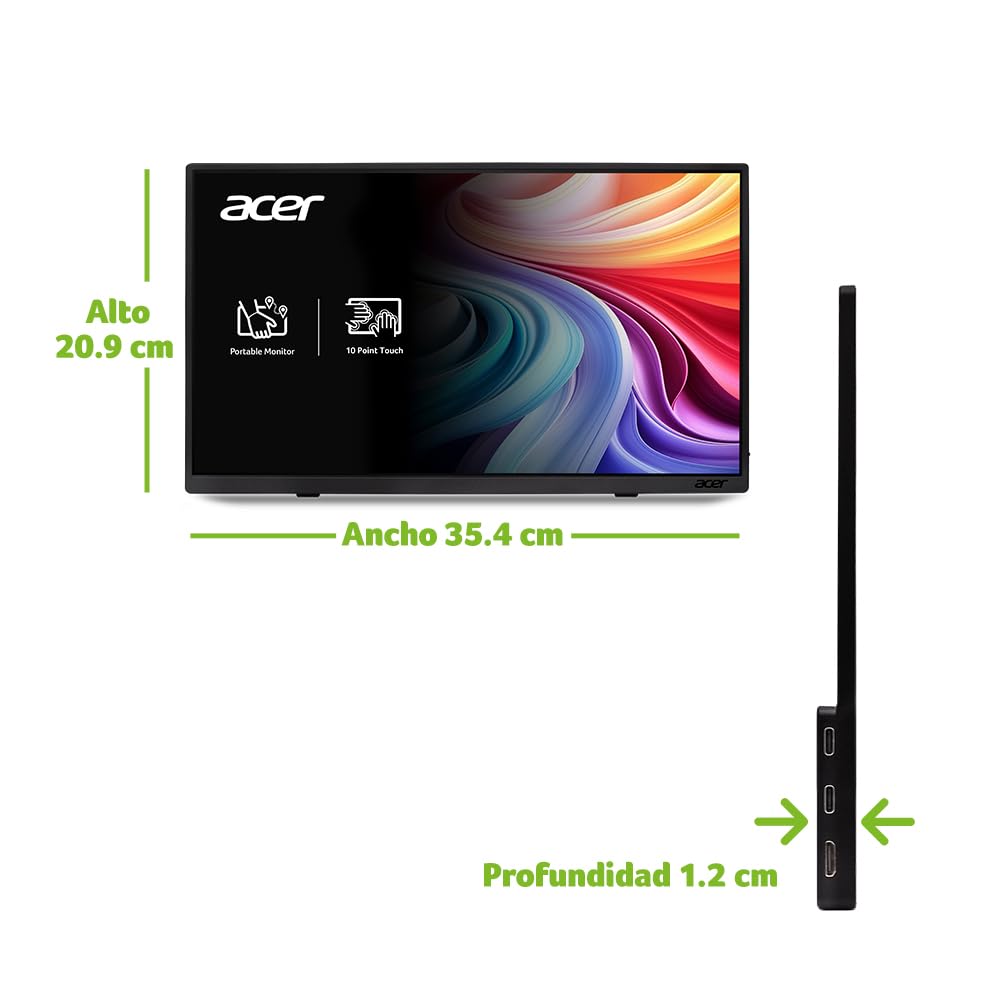 Acer Pantalla portátil | 15.6 Pulgadas FHD IPS Touch | Soporte de sincronización adaptativa (Compatible con FreeSync) | Diseño Delgado | Monitor Externo para computadora portátil PC/Mac | 2 Puertos