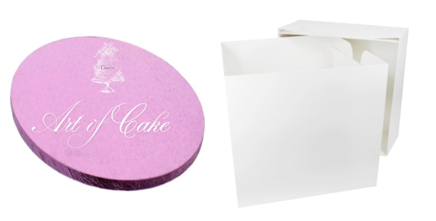 Art of cake® 8 inch Pink Glossy Masonite Cake Board (5mm) and White Tall Cake Box (8x8x8)