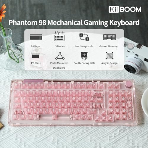 KiiBoom Phantom 98 Hot Swappable Crystal Gasket-Mounted Mechanical Keyboard, Triple Mode NKRO Gaming Keyboard with South-Facing RGB, Clear Keycaps, 8000mAh Battery for Win/Mac (Pink)