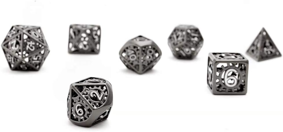 Hollow Black with White Number Gear Copper DND dice,DND Metal Game Dice Set,7pcs DND Dice Set Gift for Dungeons and Dragons RPG MTG Table Games D4 D6 D8 D10 D12 D20