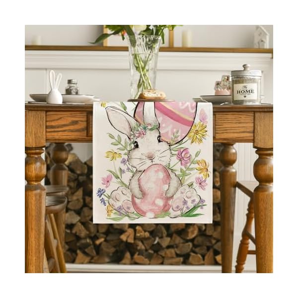 Artoid mode bunny rabbit egg flower easter table runner seasonal spring kitchen dining table decoration for home party decor 13×72 inch  urban country home decor