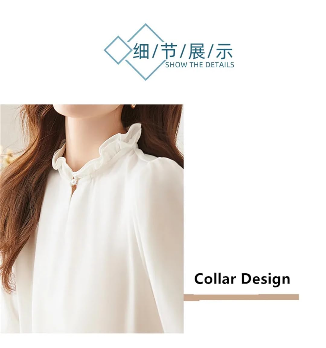 Blusas de satén con cuello de volantes para mujer, elegantes, con un solo botón, transpirables, de manga larga