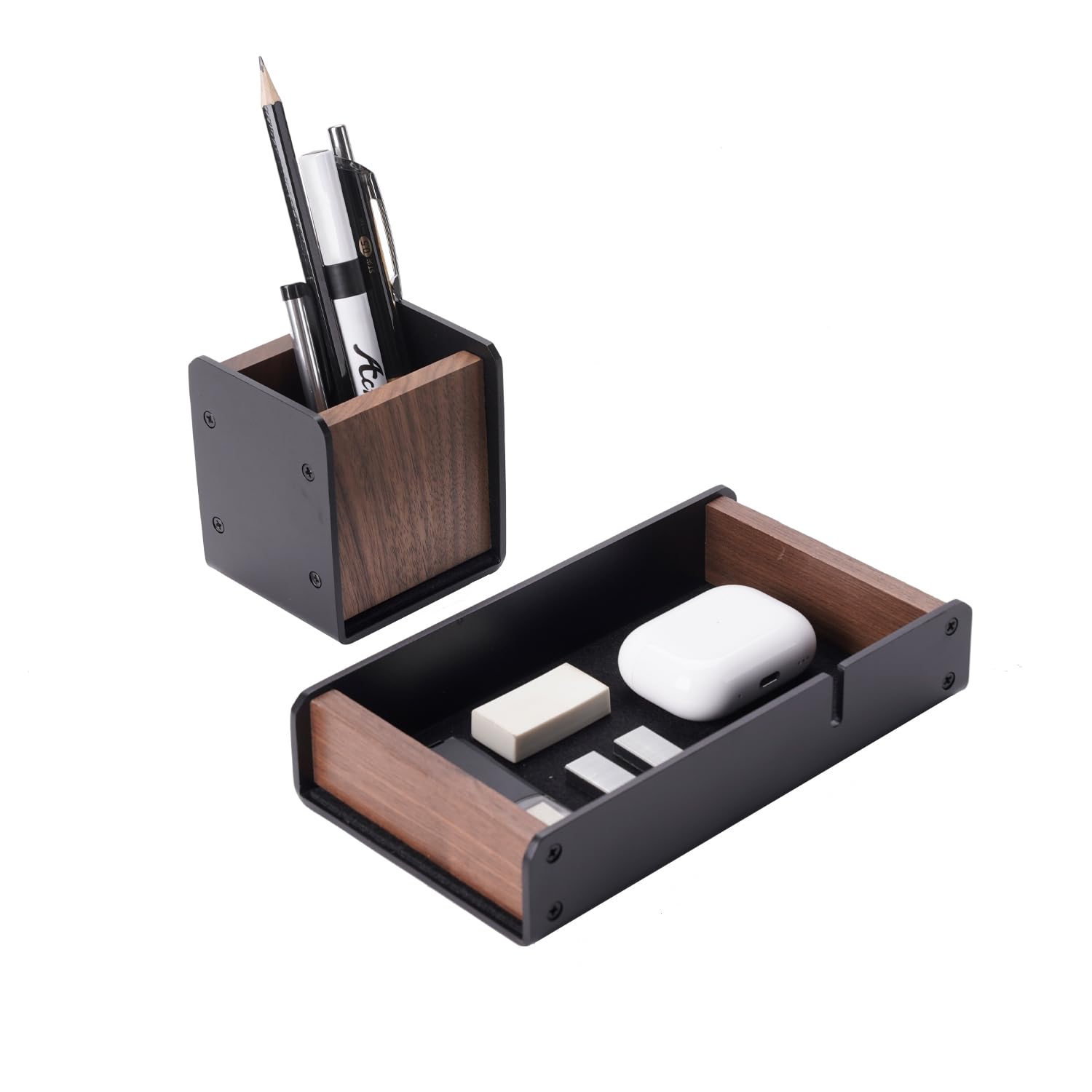 Walnut Desk Tray with Pen Holder Set Solid Wooden Desk Drawer Organizer for Keys Pen Watch Airpods Earbuds — view 8