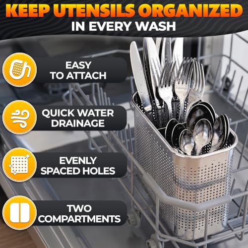 Image of Large 2-Compartment Chopstick Holder for Dishwasher, Stainless Steel Basket | Perforated dishwasher chopstick basket and utensil caddy for straws, teaspoons, small tools, 2 compartments with hooks