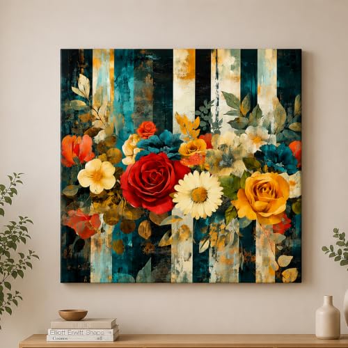 Image of PAINTINGMANTRA Vintage Floral Roses Stretched Canvas Painting for Living Room | Botanical Flower Artwork Wall Decor Art For Livingroom, Bedroom, Office, Hallways - 34x34 Inch