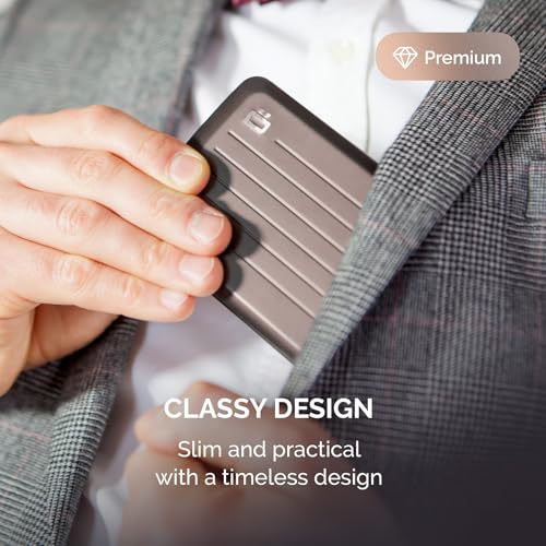 Image of OGON -DESIGNS- Aluminum Card Holder Wallet, RFID Protection. Model : OSLO | Secure metal clasp. Instant card access with one-hand opening. Holds up to 10 cards & bills. Compact design.