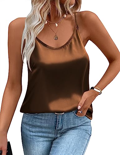 Ekouaer Womens Silk Tank Top Camisole Spaghetti Strap Satin Cami Tops Basic Crew Neck Y Back Silky Camis S-XXL