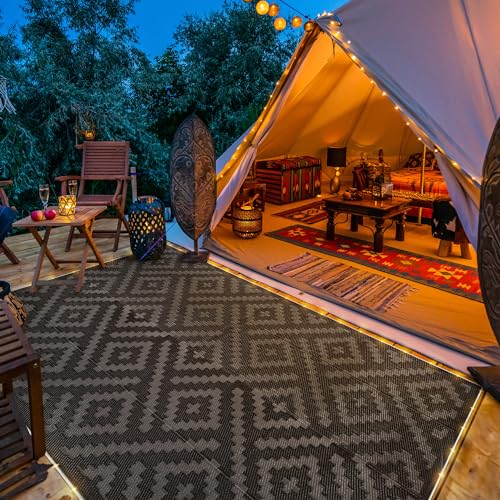 Image of GENIMO Outdoor Rug with LED Strip Lights, 5'x8' Waterproof Camping Mat, Reversible Plastic Straw Rugs for Patio, RV, Camper, Balcony, Backyard, Picnic, Deck, Black & Gray