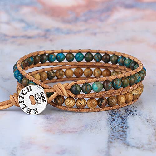 Image of KELITCH Double Wrap Bracelet Women Hand-Braided Turquoise Beads Bracelets Boho Leather Bracelets Bangle
