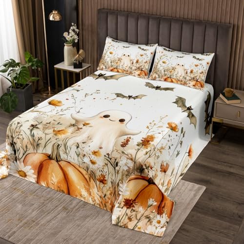 jejeloiu Halloween Bedspread King Size Kids Cute Ghosts Pumpkin Quilted Coverlet for Boys Girls Teens Botanical Floral Bats Coverlet Set White Orange