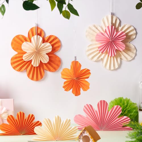 Image of PAPER JAZZ Spring Paper Flowers Decoration Summer Orange Birthday Party Decoration Orange Pink Groovy Paper Fans Classroom for Wall Hanging Decor for Office Baby Shower Bulletin Board.