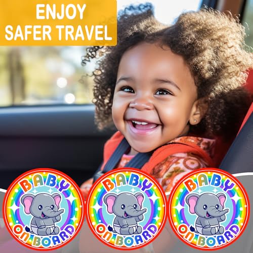 Image of Baby on Board Magnet for Car, Reflective Babies on Board Magnetic Sticker Car Sign, 3 Pack Waterproof Kids Safety First Warning for Parents (Rainbow Elephant)