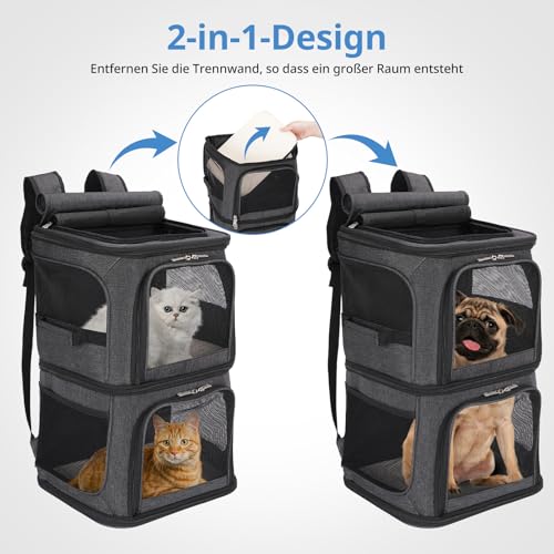 FASRIOU Katzenrucksack für 2 Katzen bis 12kg, Katzentransportbox für 2 Katzen, Große Haustier Rucksack für kleine Hunde, Katzentransporter mit Abnehmbarer Matte und atmungsaktivem Mesh, Schwarz