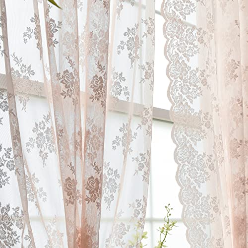Kotile Blush Sheer Lace Curtains Rustic Floral 52x84 Inch, 2 Panels