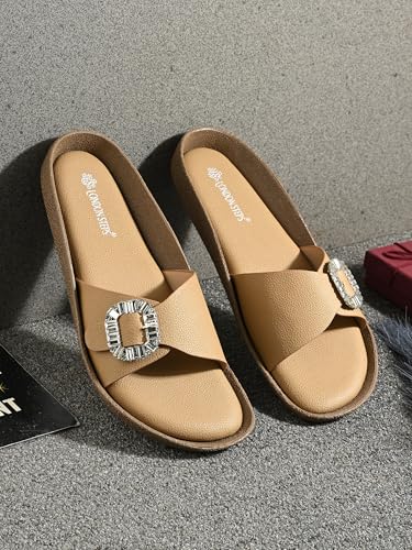 Image of Women Fashion Cross Strap Sliders with Crystal Buckle | Stylish Casual Slip-On Sandals for Women | Lightweight Comfort Slides Everyday Wear