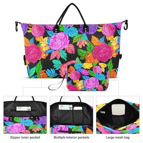 Colorful Floral Peony Foliage Travel Duffel Bag for Men Women with Makeup Bag Weekend Overnight Carry On Bags for Travel Weekend Getaway2