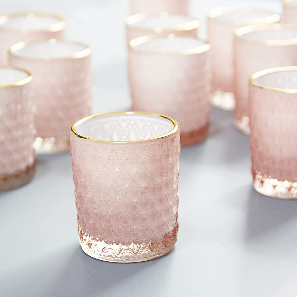 SHMILMHPink Votive Candle Holders Set of 12, Vintage Glass Tealight Candle Holder with Gold Rim, Votives for Valentines Table Centerpiece, Wedding Decoration