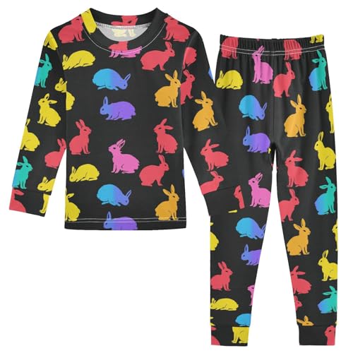 Fustylead Vibrant Colorful Bunny Silhouette Cotton Pajamas Long Sleeve Sleepwear Lounge Set