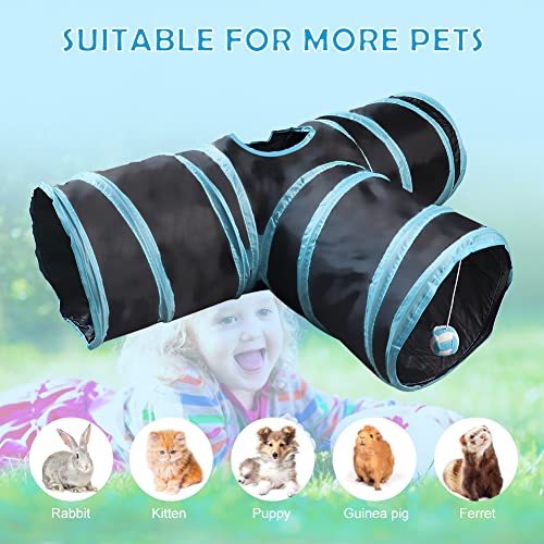 NANEEZOO Bunny Tunnel 3-Wege-Falttunnel für Kaninchenversteck, Kleintier-Aktivitätsrohr, Spielzeug für Zwergkaninchen, Meerschweinchen, Chinchilla, Frettchen und Kätzchen (Blau)