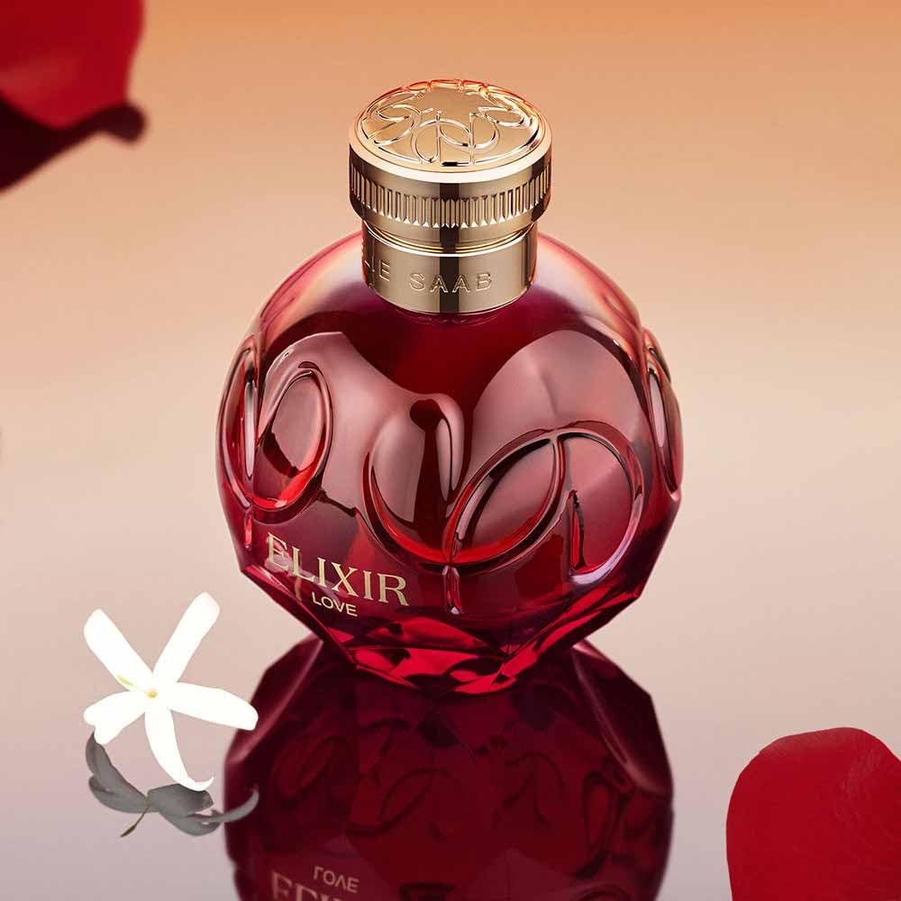 Elie Saab Elixir Love 100 ml – Eau de Parfum 100 – damskie perfumy – owocowo-kwiatowy zapach szyprowy – nuty kwiatowe i owocowe – czerwony, szklany flakon w kształcie klejnotu