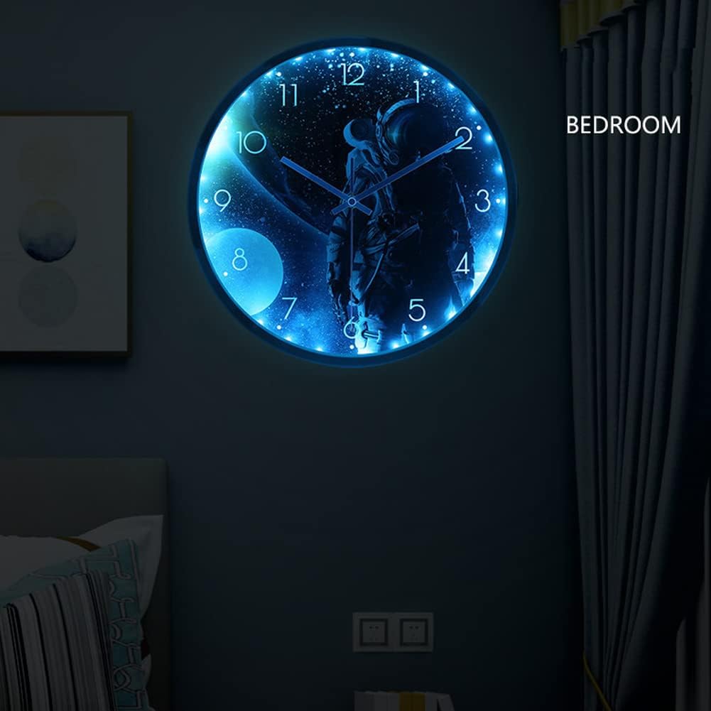 Spaceman Theme Wall Clock, 12 Inch Astronaut Night Light Luminous Silent Movement Wall Clock, Non Ticking Round Modern Battery Operated Space for Home Kids Boys Bedroom Living Room (Style 1)