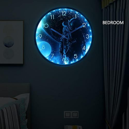 Miniatura 4 de Spaceman - Reloj de pared con tema de astronauta, 12 pulgadas, luz nocturna luminosa y silenciosa, reloj de pared con movimiento silencioso y