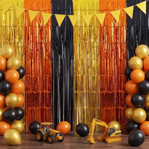 Image of TONIFUL 2Pcs Gold Orange Black Metallic Tinsel Foil Fringe Curtain Streamer | 3.3ftx6.6ft Photo Booth Backdrop Door Streamer for Birthday Halloween New Year Thanksgiving Basketball Sport Party Decoration