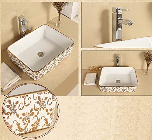 Image of InArt Designer Ceramic Wash Basin /Vessel Sink /Over or Above Counter Top Wash Basin for Bathroom Rectangle Shape Gold White 19 x 15 x 5 Inch