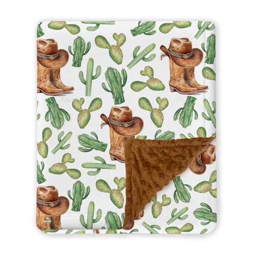 Image of Western Baby Blanket with Cactus, Cowboy Minky Blankets for Boys Girls, Double Layer Dotted Backing, Nursery Room Decor, Soft Warm Lightweight Nursery Bed Blanket for Newborn Toddlers Son Daughter