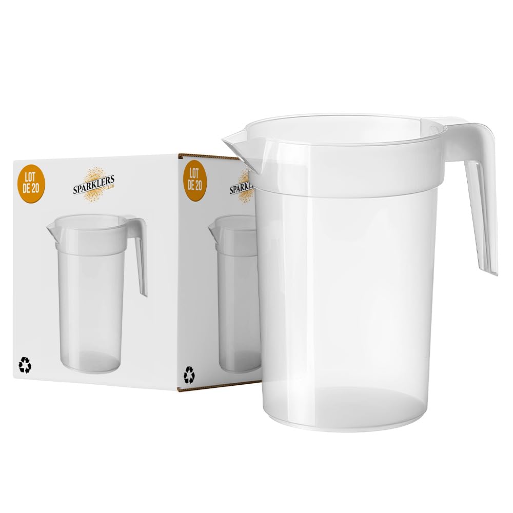 SPARKLERS CLUB Pichet 1 Litre (1,25L à ras bord) - Lot de 20 - Plastique Polypropylène (PP) Réutilisable - Pichet Réutilisable,Prise en Main facile, Pichet pour tout évènement