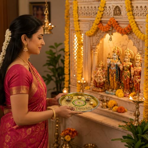 Image of Trendifly Meenakari Stainless Steel Pooja Thali Set With Diya Agarbati Kumkum Chandan Holder Katori | Puja Aarti Thali Set For Home Mandir Temple | Home Ceremony Pooja Wedding Baby Shower Return Gifts