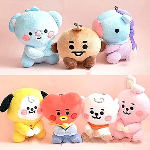 Blue Aura BT21 BTS Plushies Set of 7 Sitting Stuffed Plush Toy with Key Hook Multicolour Height -10-11 CM (Set of 7 Plush)
