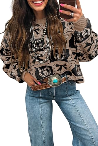 Womens Pullover Sweater Western Print Knit Tops Boho Drop Shoulder Brown Bows & Horseshoes