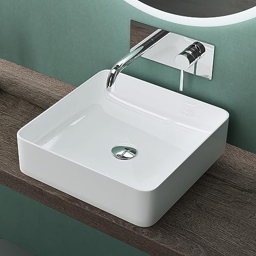 Mai & Mai Vasque à Poser 40,5x40,5x11cm Lavabo en Céramique Blanc sans Trop-Plein Salle de Bains pour Invités BR105