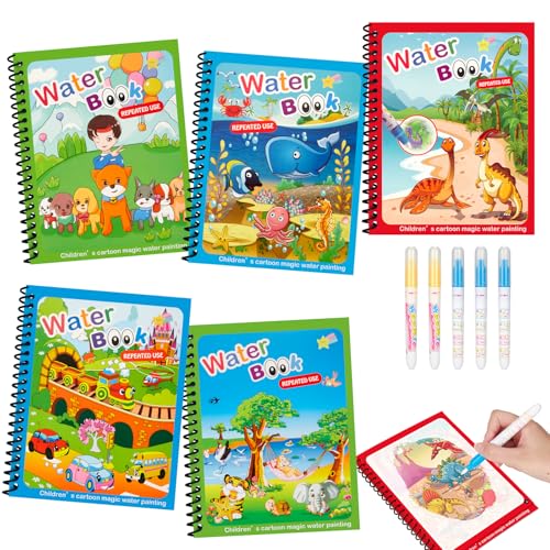 Damcyer 5 Pezzi Libro di Pittura ad Acqua per Bambini con 5 Penna Acqua, 5 Temi Riutilizzabile Magic Water Book, Libri ad Acqua da Colorare Bambini per Bambini da 3 Anni, Tema Animale