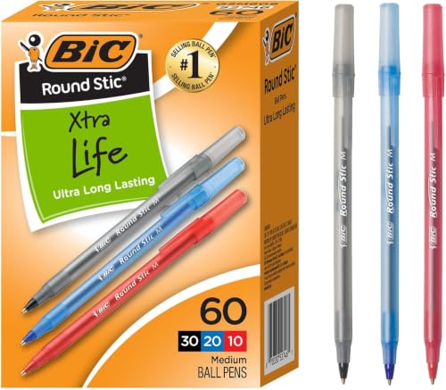 Image of BIC Round Stic Xtra Life Assorted Ink Ballpoint Pen's, Medium Point (1.0mm), 60-Count of Bulk Pens, Flexible Round Barrel for Comfortable Writing, No. 1 Selling Ballpoint Pens (Pack of 9)