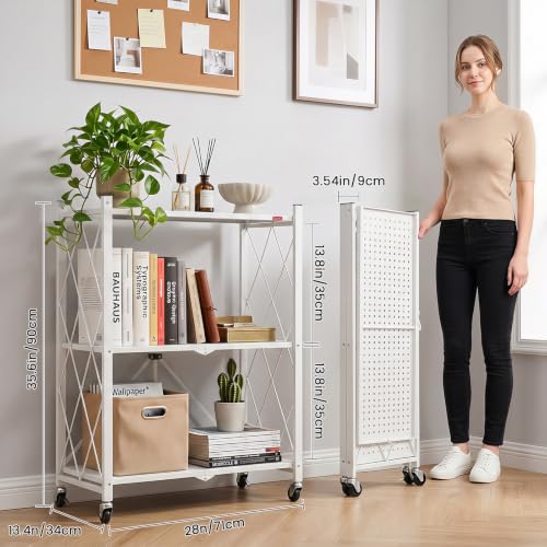 Image of DEANIC 3 Tier Foldable Storage Shelves with Wheels, Large Capacity Shelving Unit, Freestanding Metal Wire Shelf Rack, No Assembly Organizer Rack for Garage Kitchen, Basement, Pantry(White Pack of 2)
