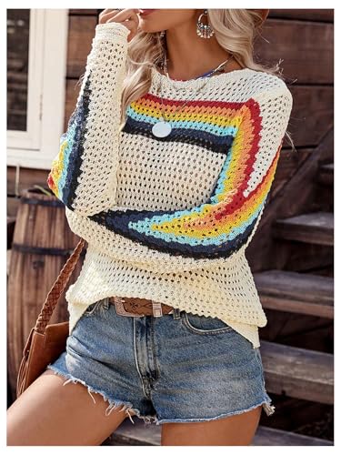MakeMeChic Women's Crochet Sweater Rainbow Hollow Out Long Sleeve Knit Tops Fall Clothes4