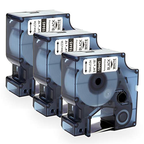 Airmall kompatible Dymo Rhino Industrie Vinyletiketten 18445 19 mm x 5,5 m, Schwarz auf Weiß Schriftband, kompatibel Dymo Großtechnisch Etikettenband für Dymo Rhino 4200 5000 5200 6000, 3 Rollen