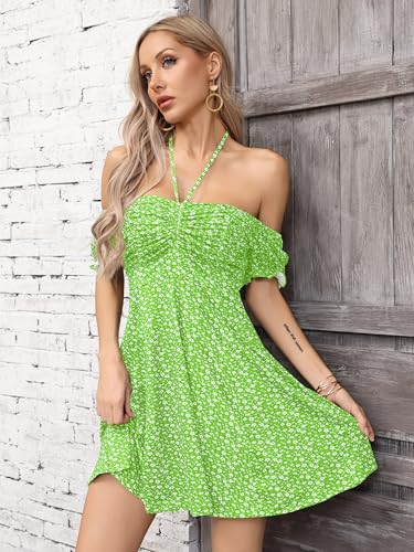 Image of Missufe Women's Puff Short Sleeve Drawstring Ruched Front Fit and Flare Floral Summer Casual Short Dress