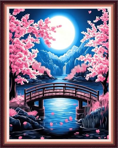 Image of Fanxvivy Stamped Cross Stitch Kits for Beginners Full Range of Cross Stitching Preprinted Embroidery Kits for Adults, 11CT Embroidery Pattern Needlepoint Kits-Peach Blossom Moon 16x20 inch