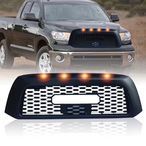Spwrney Front Grill for Tundra 2007 2008 2009,Front Mesh Replacement Bumper Honeycomb TRD Style Grille with 4 Amber Led Lights Accessories, Matte Black